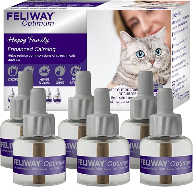 FELIWAY Optimum Cat Calming Diffuser Refill (6 Pack, 180 Day Supply) – Cat Pheromone Diffuser Refill for Advanced Support to Reduce Stress, Spraying, Scratching, Fighting and Hiding