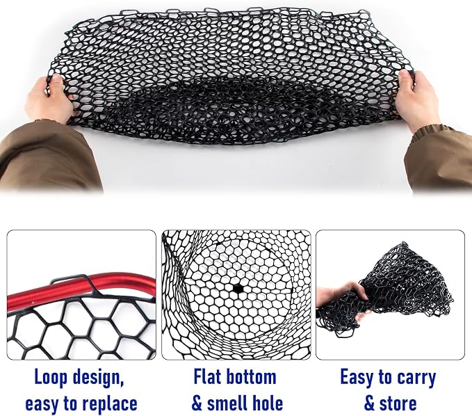 Dr.Fish Fishing Landing Net Replacement Rubber Fishing Net Without Handle Foldable Mesh Netting for Freshwater Saltwater