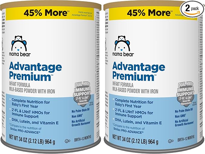 Amazon Brand - Mama Bear Advantage Premium Baby Formula Powder, 2'-FL HMO, LNnT HMOs for Immune Support, Non-GMO, 34 oz (Pack of 2)