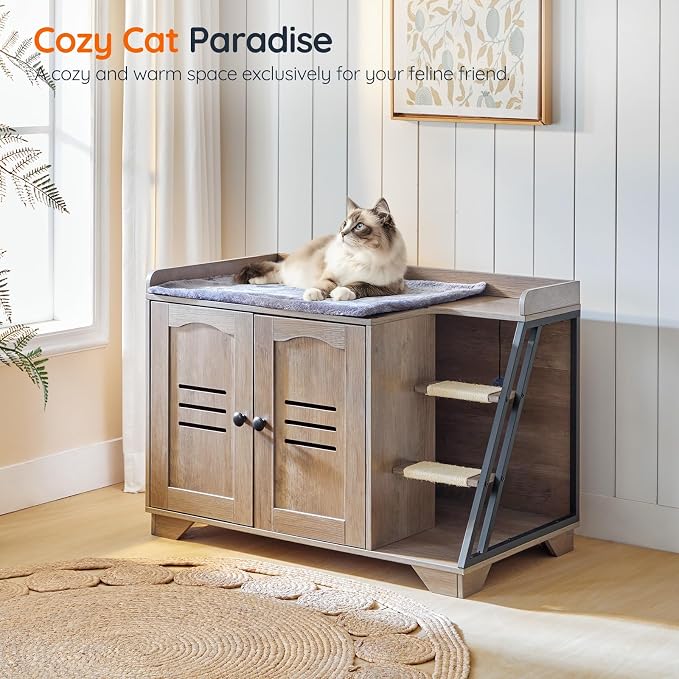HOOBRO Cat Litter Box Enclosure with Ladder, Hidden Litter Box Furniture with Rechargeable 3-Color LED, Plush, Teaser Balls, 31.5" L x 18.9" W x 22.4" H, All-in-One, Black and Greige BG48MW01G1
