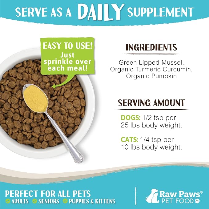 Raw Paws Green Lipped Mussel Hip and Joint Supplement for Dogs & Cats, 10-oz Powder - Green Lipped Mussels for Dogs - Natural Chondroitin Glucosamine for Dog & Cats - Dog Joint Pain Relief