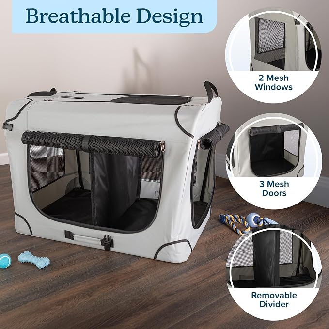 Soft Dog Crate - 32x23.25x23 Collapsible Dog Crate for Medium Pets - Portable Travel Pet Crate with 3 Doors, Mesh Windows, and Removable Divider - Travel Accessories by PETMAKER (Gray)