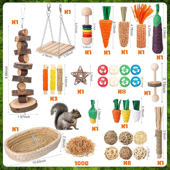 Novabright 33 PCS Rabbit Chew Treat Toys Set Natural Bunny Enrichment Toys for Teeth Health Indoor Outdoor for Rabbit Guinea Pig Chinchilla Hamster (Cute)