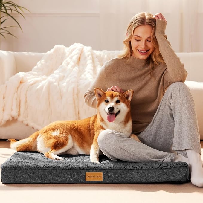 Patas Lague Orthopedic Jumbo Dog Bed for Large Sized Dog 56''X40'', Soft Waterproof Egg Crate Foam Large Pet Crate Beds Mat with Removable Washable Cover and Non-Slip Bottom, Dark Grey
