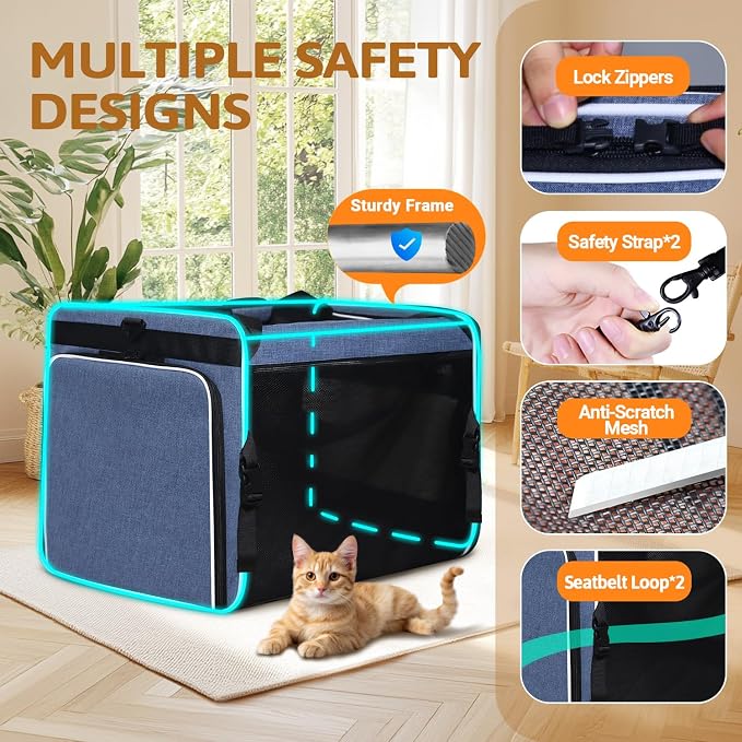 Petskd Side Expandable Extra Large Cat Carrier with Wheels and Litter Box for Long Distance Car Travel, 24"x17"x17" Collapsible Soft-Sided Pet Carrier with Zipper Locks for 2 Cats Under 55LBS(Blue)