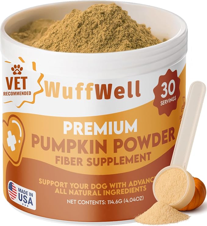 WuffWell Pumpkin Powder for Dogs with Probiotics - Rich in Fiber, Helps with Digestion, Nutrient Absorption, Diarrhea, Constipation & Upset Stomach - Organic Dog Food Topper - Made in USA