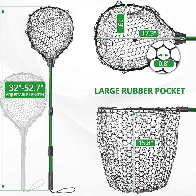 Rubber Fishing Net with Telescoping Handle - High Strength Landing Net for Fishing with Soft Rubber Netting, Two Sizes Options