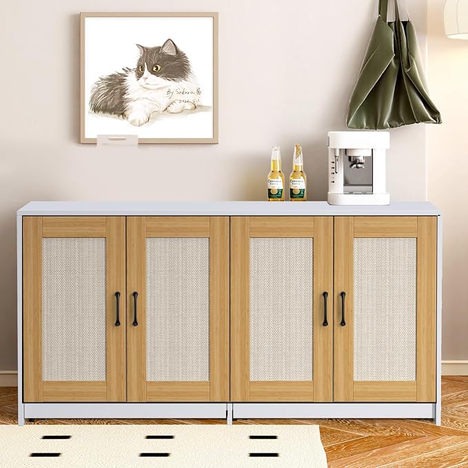 Double Room Litter Box Enclosure, 47 Inch 2 Cats Hidden Litter Box Furniture with Sisal Doors and Sliding Bottom Drawers, Wood Indoor Cat Cabinet TV Stand White