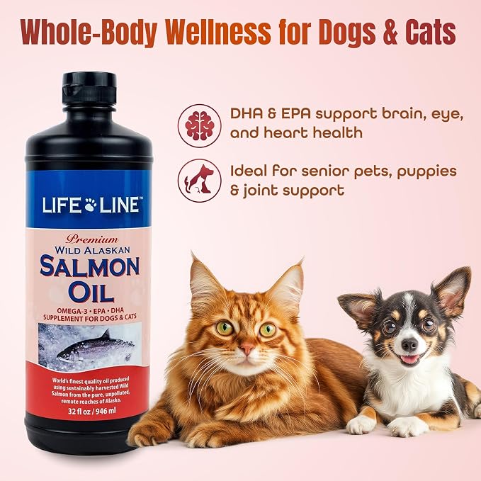 Life Line Salmon Oil for Pets | Omega-3 DHA EPA Supplement for Dogs & Cats | Supports Skin, Coat, Brain & Heart Health | Cold-Filtered – 32 oz