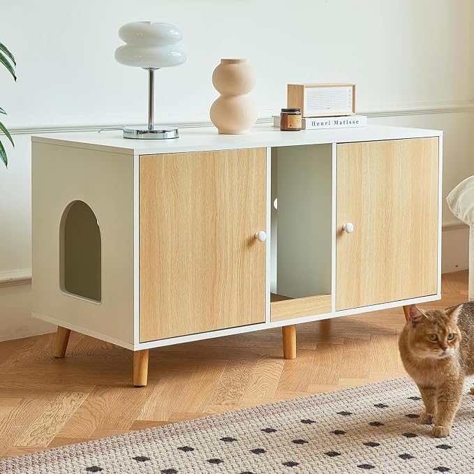 Litter Box Enclosure for 2 Cats, 43" Hidden Cat Litter Box Furniture Cabinet with Scratching Pad and Double Room, Cat House Washroom, Side End Table Modern, Wood