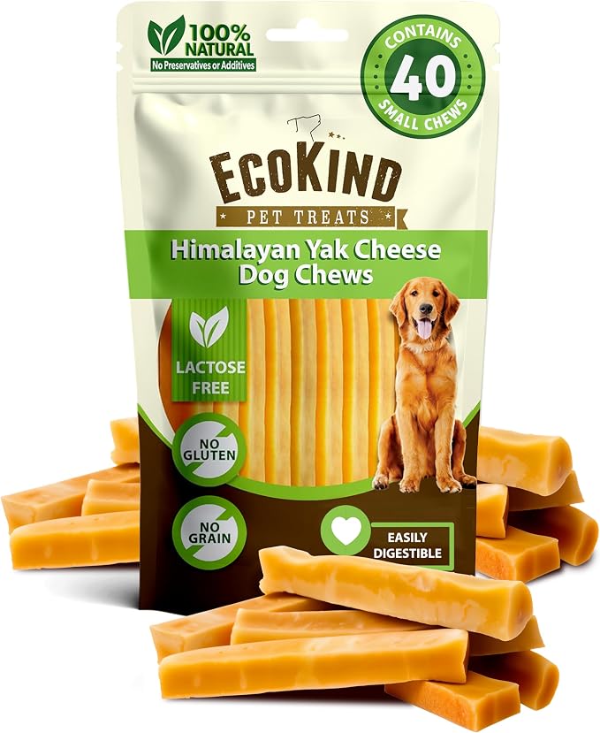 EcoKind Yak Cheese Himalayan Dog Chews, Yak Chews for Medium Dogs, Long Lasting Bone for Aggressive Chewers, Only 3 Ingredients, Natural High Protein Dog Treat, No Additives, Small - 40+ Chews (3 lbs)