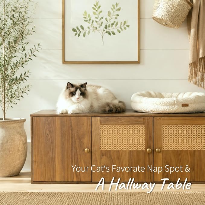 Cat Litter Box Enclosure Furniture with Storage, Hidden Litter Box Cabinet 42.5"L x 18.5"W x 16.9"H, Double as Cat House TV Stand End Table for Living Room, Midcentury Modern Style (Oak, Rattan Doors)