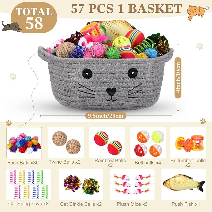 Zopeal 58 Pcs Summer Graduation Cat Storage Basket Gift Toys Set, Colorful Flashing Balls Pet Bell Crinkle Balls Spring Toys Attract Cat to Swat, Hunt, Interactive for Pet(Grey,9.8 Inch)