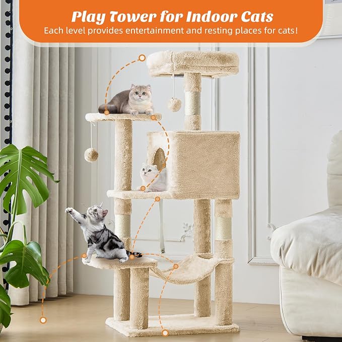 Cat Tree Tower 44 Inch, Small Cat Tower with Condo, Hammock, Sisal Scratching Posts, Extended Perch, Pet Play House for Indoor Kittens and Cats, Beige