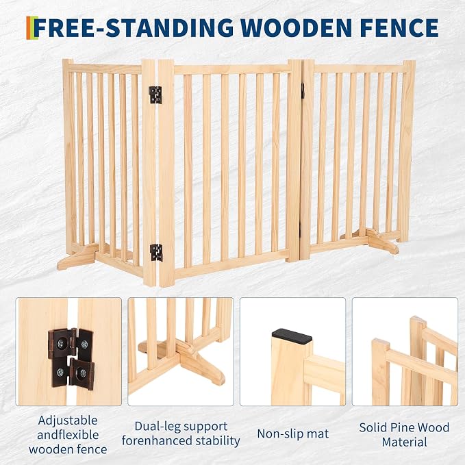 Wooden Freestanding Dog Gate, Foldable Pet Gate with Support Feet, Indoor Dog Fence for The House,Doorways, Stairs，Expandable Pet Fence -3 Panel H:24”