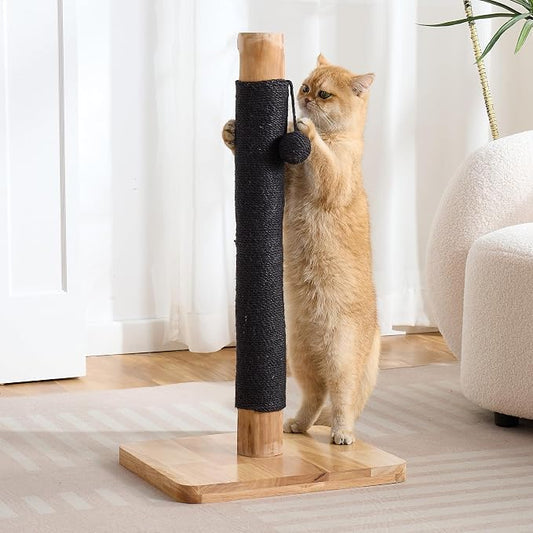 29" Tall Solid Wood Cat Scratching Post for Indoor Cats, Extra Stable Heavy Base, Natural Sisal Scratcher with Hanging Ball, Furniture Protector for Kittens & Adult Cats, Beige
