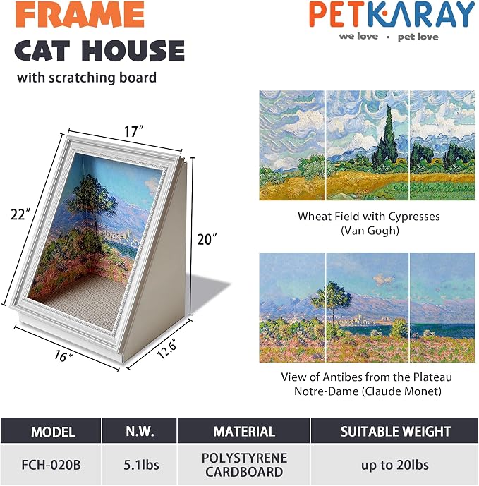 PETKARAY Art Frame Cat Scratch House, Oil Painting Kitty Scratcher Cardboard House, Large Cat Cave with Replaceable Scratching Boards