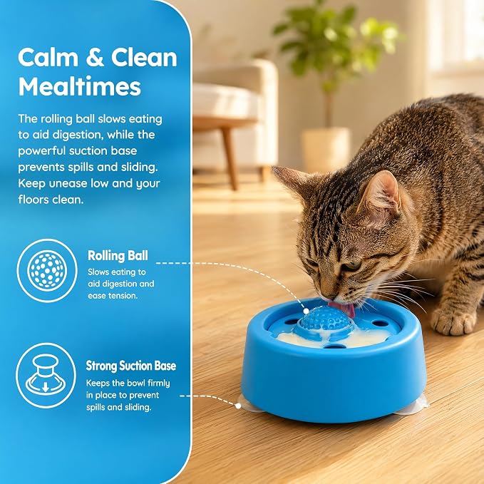 Slow Feeder Dog Bowls for Liquid Treats,Dog Licking Bowl with Rolling Ball Slow Feeder Bowl,Anti-Slip Spill-Proof Pet Dogs Lick Bowl Anxiety Relief Lickable Toys for Small and Medium Sized Dogs Cats