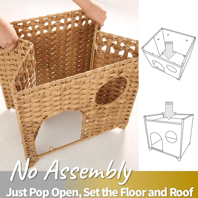 Wicker Cat House for 1-2 Cats Under 20 lb, Medium-Large Indoor Cat Condo No Assembly, Handwoven Rattan-Style Breathable Cat Bed Pet Cube for Living Room Bedroom, Suitable for Summer Use (Tan)