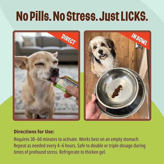 Licks Zen Calming Aid - Fast-Acting Stress & Behavior Support - for Small Breed Dogs & Cats - L-Theanine, Chamomile, Ashwagandha & Tryptohan - Pill-Free Gel Packets - 10 Packets