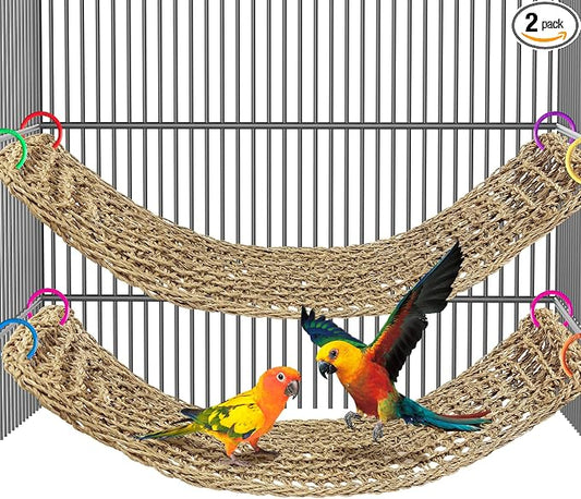 2Pcs 29.5 x 7 inches Large Bird Seagrass Mat Grass Woven Net Parrot Hammock Mat Parakeet Climbing Rope Ladder with Hooks Bird Cage Accessories for Conure Cockatiel Budgie Macaw Bearded Dragon