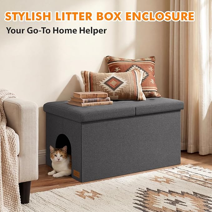 Zerbuger Cat Litter Box Enclosure Furniture for Odor Control, Hidden Cabinet Cats Litter Ottoman with Flip-Up Lid,Cat Litter Box Bench with Storage Space, Dog Proof(Grey, X-Large)