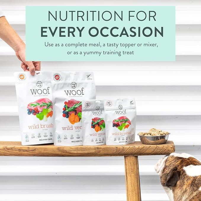 The New Zealand Natural Pet Food Co. Woof Freeze Dried Dog Food - Wild Venison, High Protein, Dog Food Topper & Dog Treats, All Life Stages, 1.76 oz