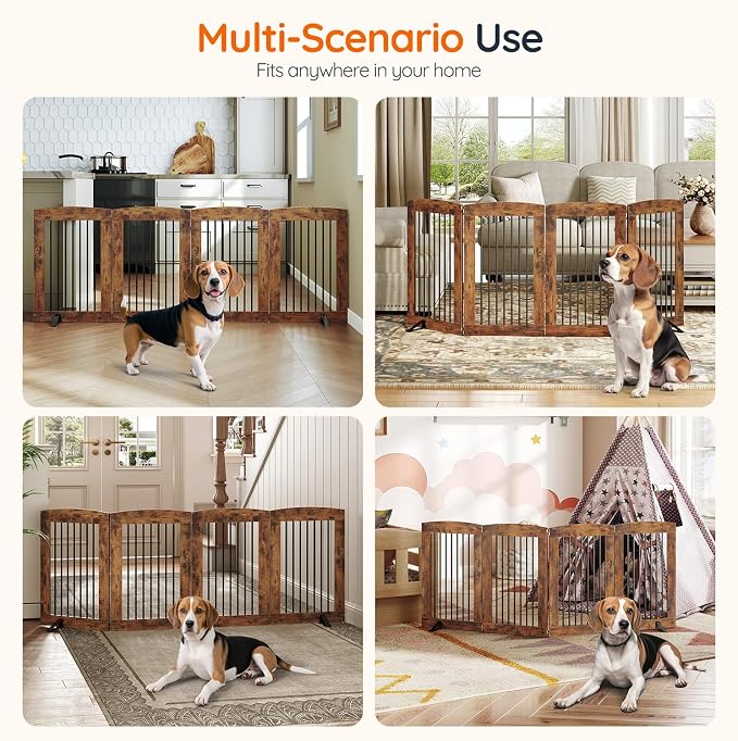 HOOBRO Indoor Dog Gate with Support Feet, 31.5 Inch 4 Panels, Freestanding Pet Gate for Doorway, Stairs, Folding Dog Fence, 360° Hinge for Easy Access, Sturdy Iron Pipe, Rustic Brown BF64PP03