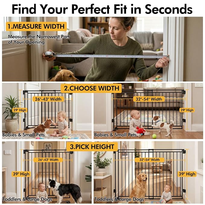 Baby Gate for Stairs Doorways & Kitchen, Extra Wide 32"-54" W x39 H Extra Tall, No Bottom Bar Dog Gate, One-Handed Auto-Close, Hardware Mount Safety Gate for Dogs & Toddlers, Black