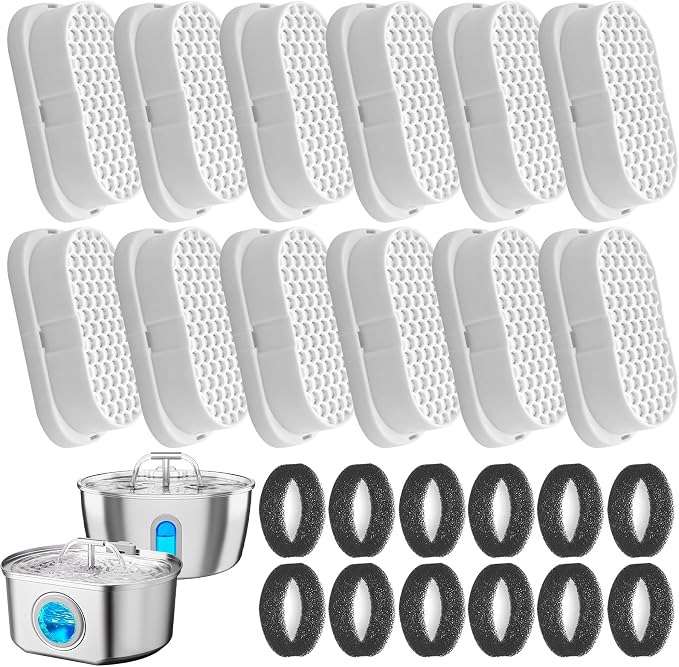 24 Pack Cat Fountain Replacement Filters Compatible with Neareal 108oz/3.2L Stainless Steel Pet Water Fountain，12 Filters & 12 Sponges neareal cat fountain replacement filters