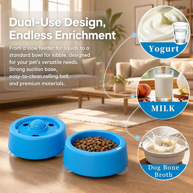 Slow Feeder Dog Bowls for Liquid Treats,Dog Licking Bowl with Rolling Ball Slow Feeder Bowl,Anti-Slip Spill-Proof Pet Dogs Lick Bowl Anxiety Relief Lickable Toys for Small and Medium Sized Dogs Cats