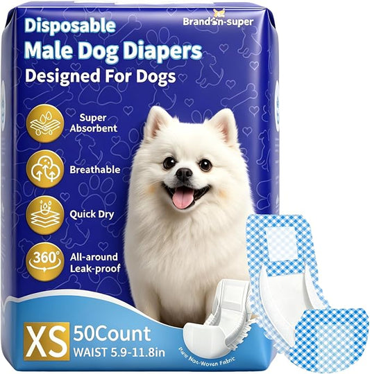 BrandonSuper Dog Diapers Male 50CT,XS,Ultra Absorbent Disposable Samll Puppy Dog Wraps,Leak-Proof Belly Band for Male Adult Dog and Puppy