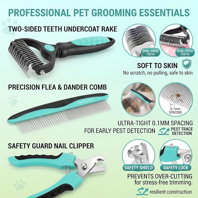 Self Cleaning Slicker Brush for Dog - 5 PCS Dog Brush Grooming Kit,Undercoat Rake Brush Comb for Small Large Dogs Cats, Dog Hair Brush Set, Grooming Deshedding at Home or Travel, Green