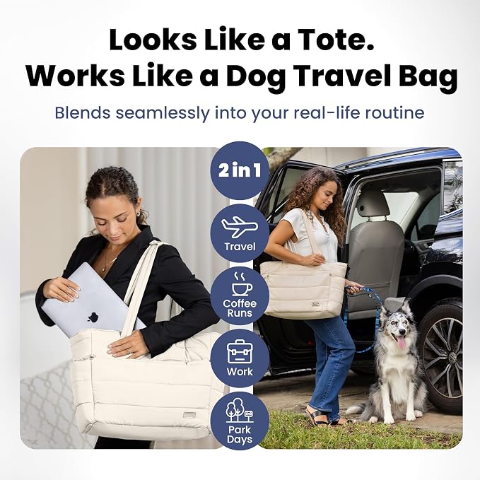 Rubyloo Dog Mom Essentials Bundle - Puffer Tote with Storage Containers (Beige) and 32 oz Water Bottle with Detachable Bowl (Dog Mom) - Travel Bag and Hydration Set