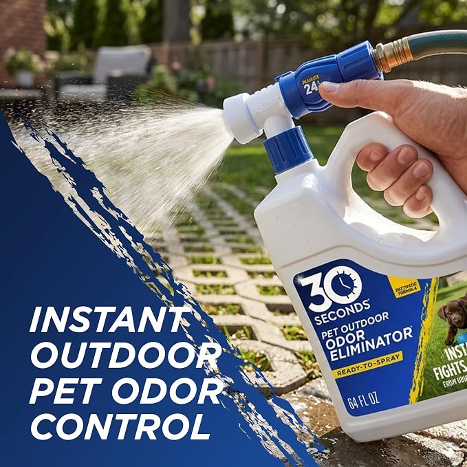 30 Seconds Outdoor Odor Eliminator for Pets, Dogs, For Grass, Turf, Lawns, Kennels & Dog runs, Enzyme Cleaner Hose Sprayer with Concentrate Refill (64 Oz Hose End Sprayer & 1 Gallon Refill Bottle)