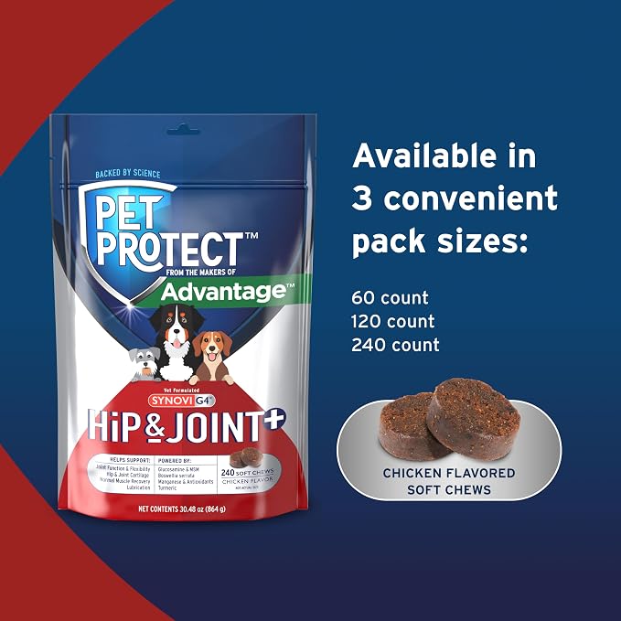 Pet Protect Dog Hip & Joint+ Supplement for Active & Aging Dogs, Vet-Formulated Synovi G4, Dog Glucosamine, Chicken-Flavored Soft Chews (240 Count)