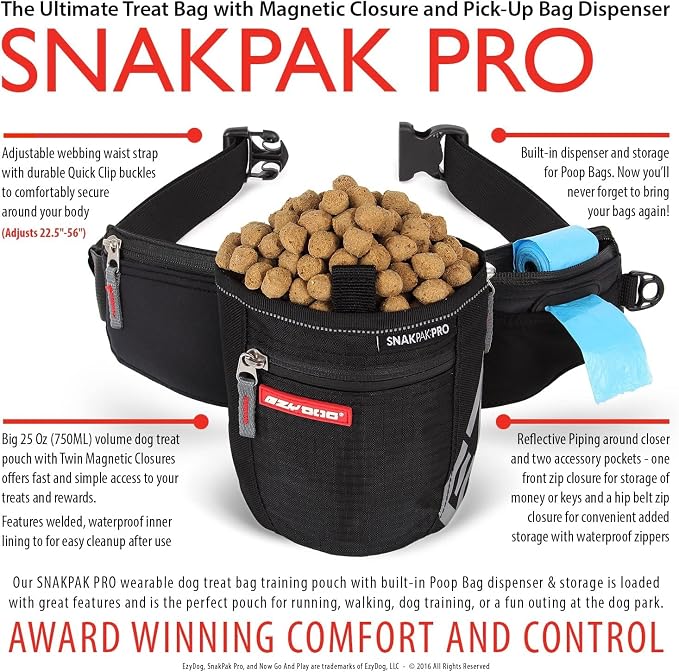EzyDog SnakPak Pro Wearable Dog Treat Bag Waterproof Training Pouch with Magnetic Closure, Pick-Up Bag Dispenser, and Belt