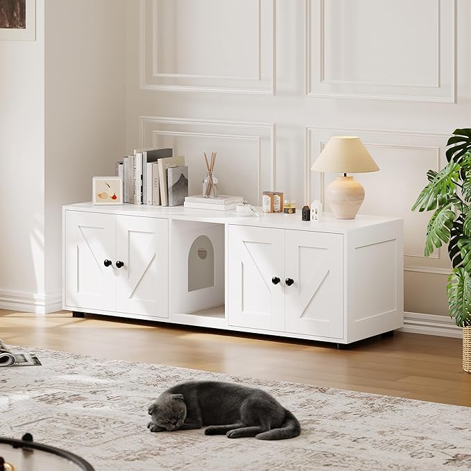 Garvee Cat Litter Box Enclosure for 2 Cats, Hidden Litter Box Furniture Cabinet with Double Room, Double Cat Litter Box Enclosure, Indoor Cat House, 43.4 x 18.1 x 17.7 Inches