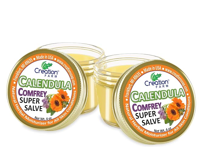 Calendula Comfrey Super Salve by Creation Farm, Herbal Balm, Moisturizer, and Ointment with No Gluten, Soy, GMO or Parabens, Made in USA Comforts many issues.