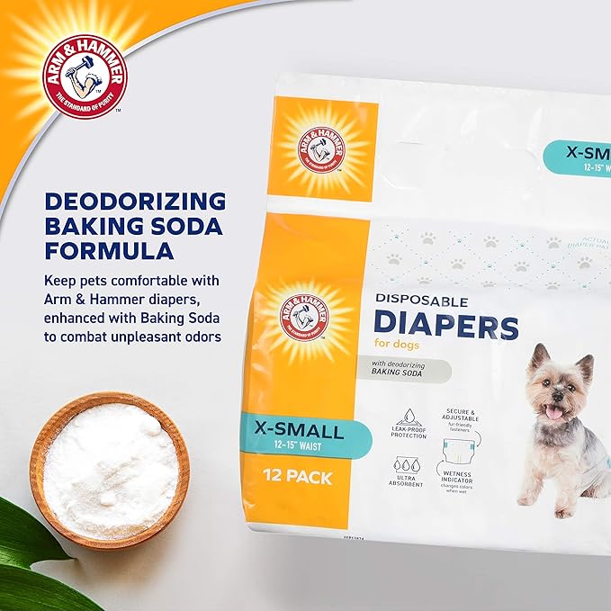 Arm & Hammer for Pets Disposable Female Dog Diapers with Odor Control and Wetness Indicator, Leak Resistant Dog Diapers for Incontinence and Heat Cycles, Size X-Small 12–15 in Waist, 12 Count