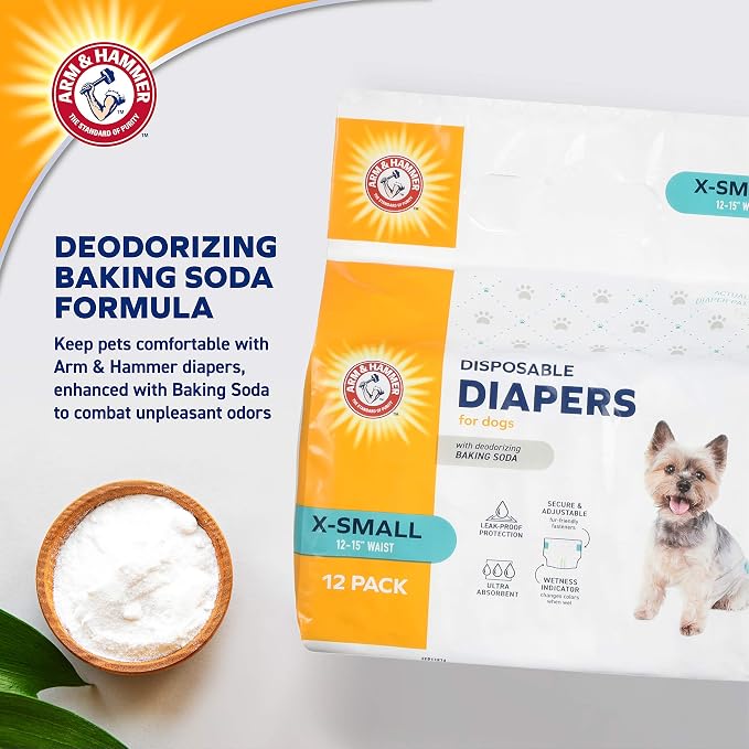Arm & Hammer for Pets Disposable Female Dog Diapers with Odor Control and Wetness Indicator, Leak Resistant Dog Diapers for Incontinence and Heat Cycles, Size X-Small 12–15 in Waist, 12 Count - 6 Pack
