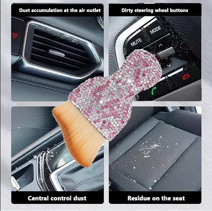Car Interior Brush Blingbling Car Accessories for Women,Dust Sweeping Soft Brush with Rhinestone Handle,Detailing Brush Cleaner for Dashboard, Air Conditioner Vents, Computer Keyboard, etc (Pink)