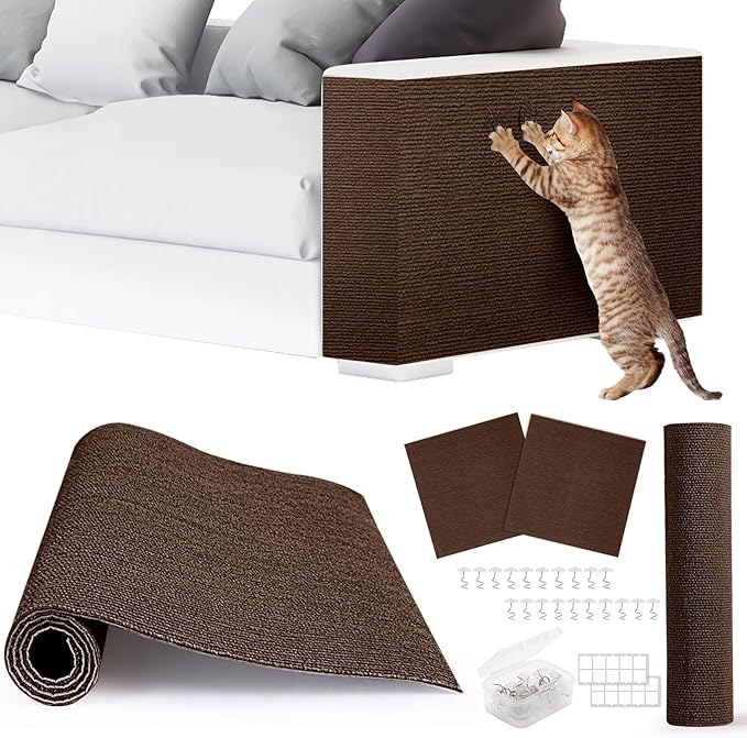 4pack Cat Scratch Couch Furniture and Wall Protector | Adhesive Cat Scratch Pad for Covering Cat Tower, DIY Climbing Cat Scratcher Couch Protector from Cat Claws Scratching (Brown)