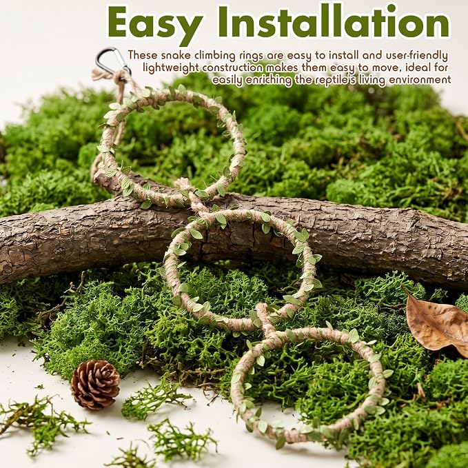 Nuogo 3 Pcs Snake Climbing Vines Climbing Rings Woven Hammock Reptile Enrichment Accessories Reptile Tank Cage Decor Habitat Accessories for Corn Snakes, Bearded Dragon, Chameleon, Lizard