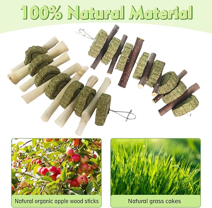 Hamiledyi Bunny Chew Toy for Teeth,Guinea Pig Natural Organic Fruitwood Sticks with Grass Cake for Rabbits,Chinchillas,Gerbils, Squirrels, Hamsters, Chewing/Improve Dental Health