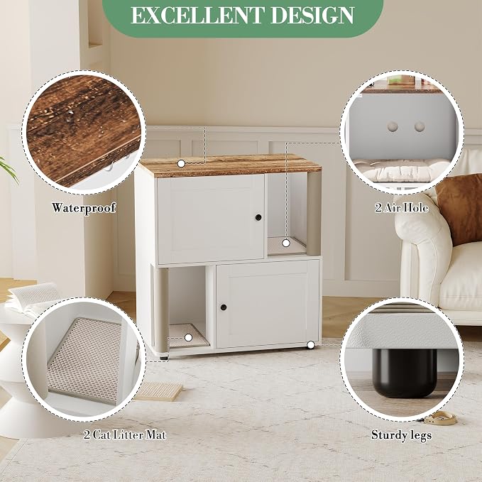 Cat Litter Box Enclosure, Two-Story Wooden Hidden Litter Box Furniture with Scratching Post, Multi-Level Cat Washroom Cabinet for 2 Cats, Reinforced Wood Frame & Ventilated Design for Small Apartment