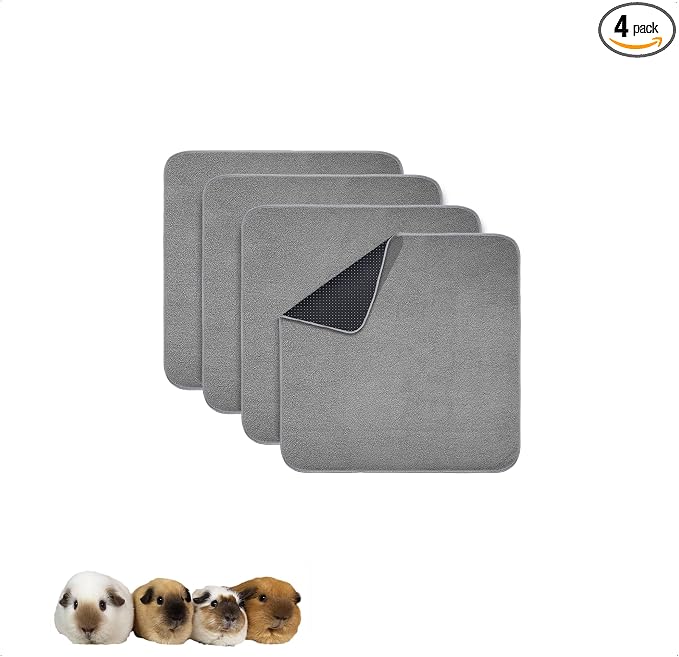 Guinea Pig Cage Liner, 4 Pack - Washable, Reusable, Leakproof Fleece Bedding Pads for Small Animals with Anti-Slip Bottom - for C&C 12''X12'' Area, Gray