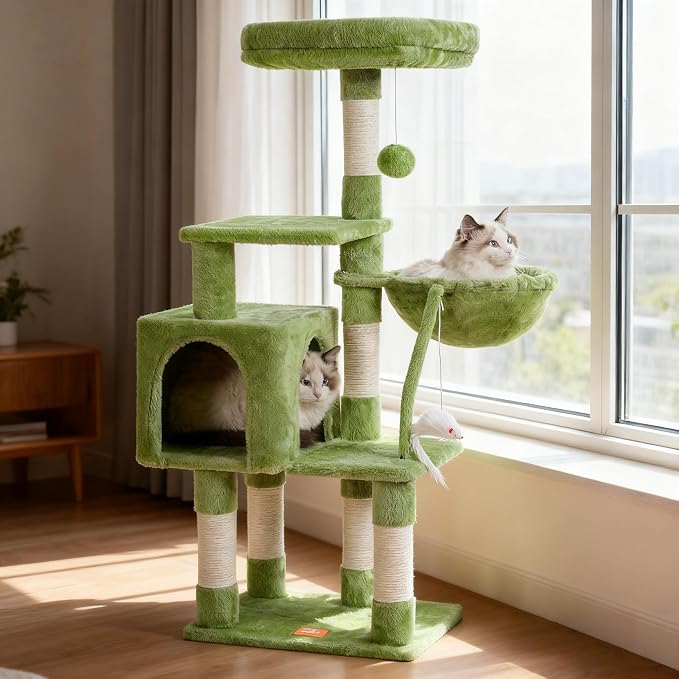 Heybly Cat Tree with Toy, Cat Tower condo for Indoor Cats, Cat House with Padded Plush Perch, Cozy Hammock and Sisal Scratching Posts, Green HCT004SGR