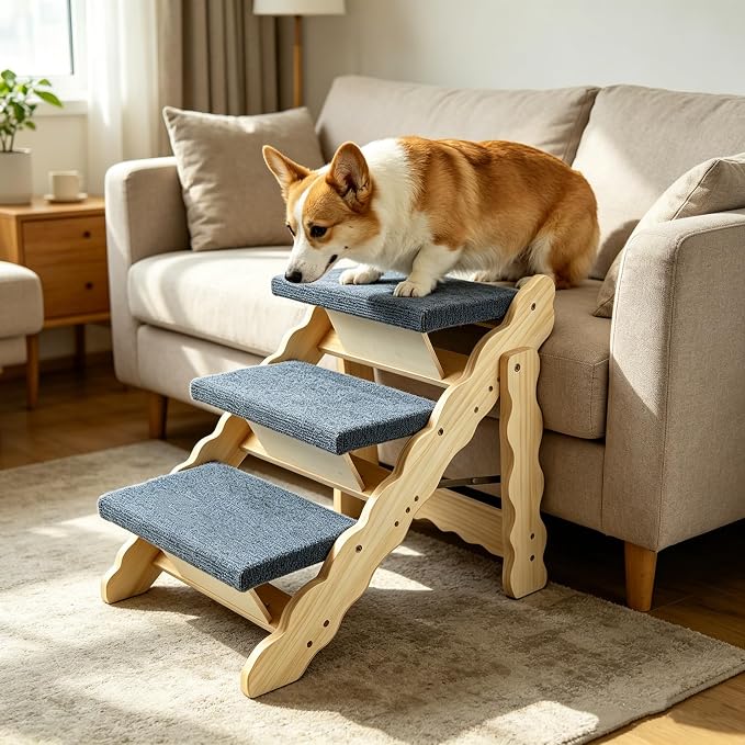 Wooden Dog Stairs, 2-in-1 Floded Flat Design Dog Steps for Beds Cars Couch, Anti-Slip Pet Ramp with 3 Steps, Indoor Pet Stairs for Small Medium Large Pet, up to 150 lbs