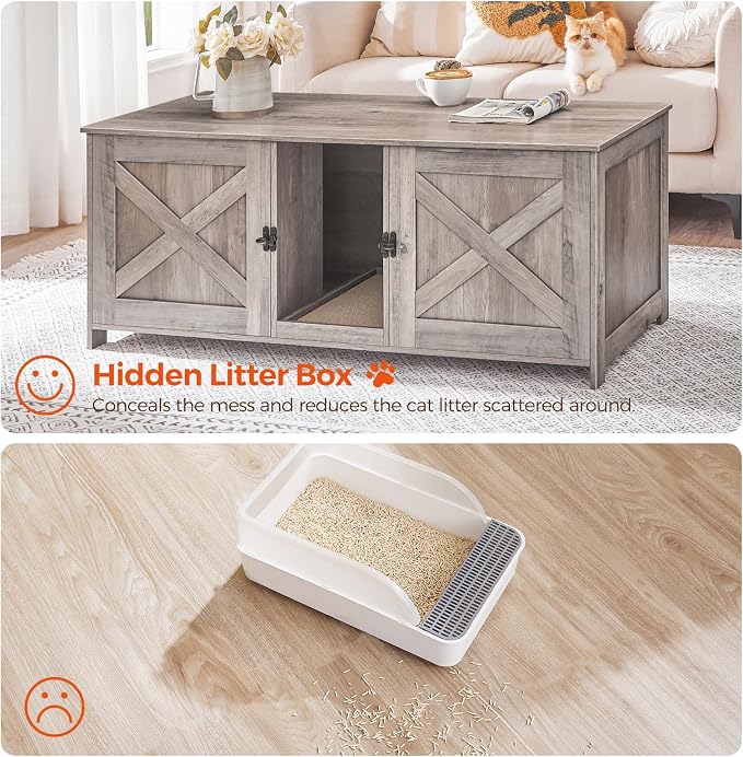 MAHANCRIS Cat Litter Box Enclosure for 2 Cats, 47.2" Hidden Cat Litter Box Furniture with Double Room, Wooden Washroom Cabinet with Scratching Board, Indoor House End Table, Greige CWHG1201